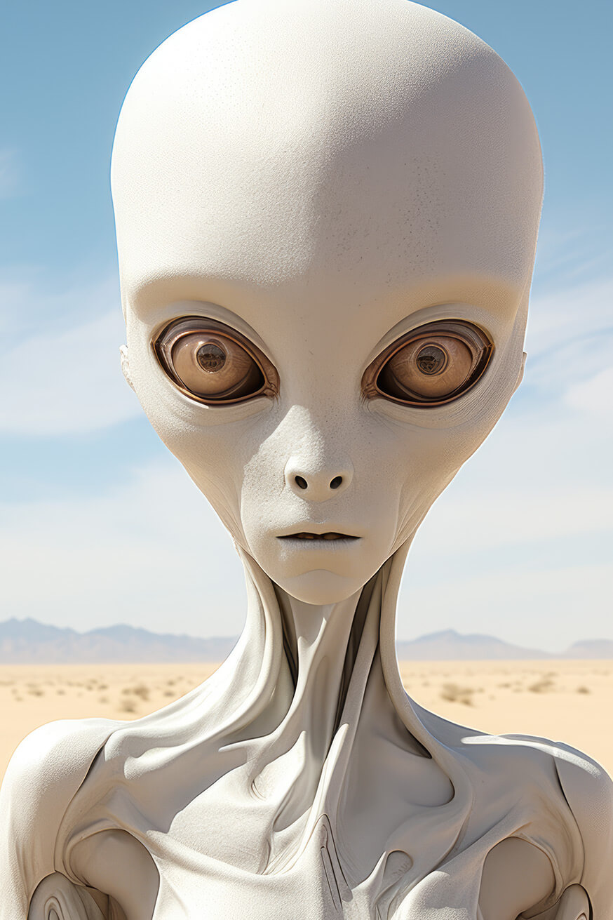 White alien surprisingly looking at camera