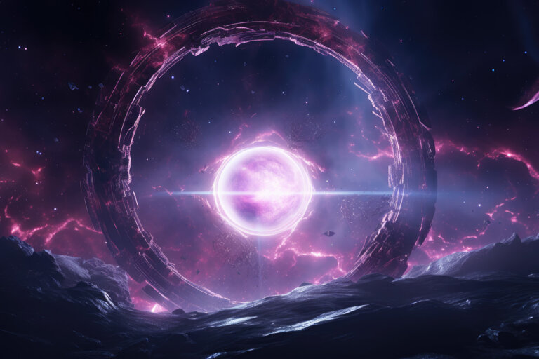 Supernova star visible through violet round star gate