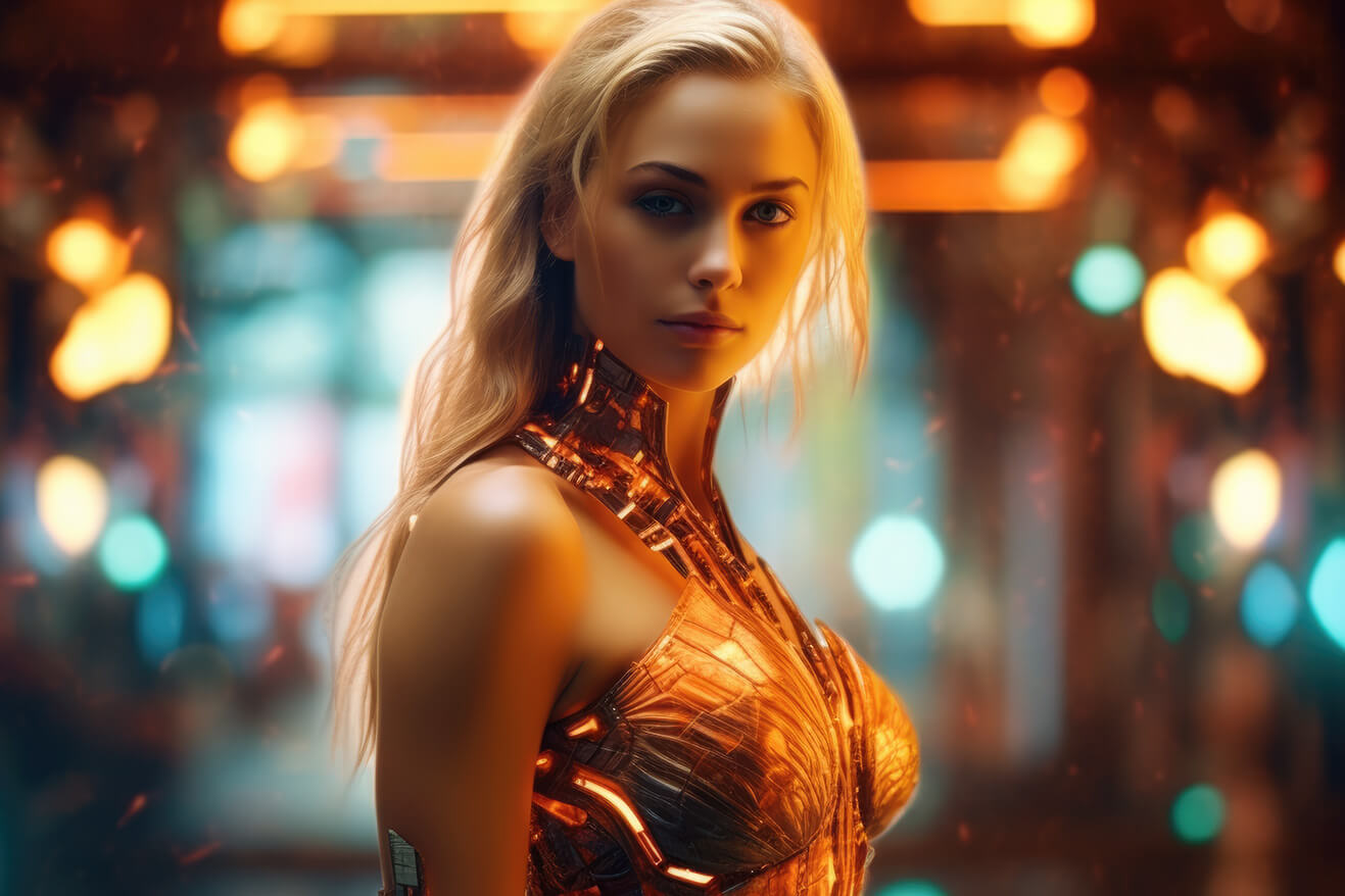 Blonde girl in shiny orange dress