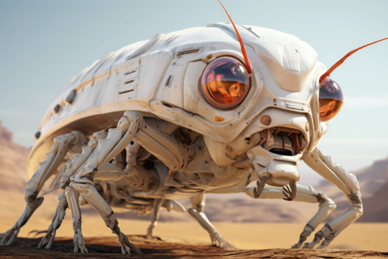 White robot grasshopper with orange eyes