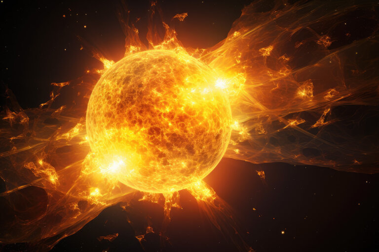 Sun in the space with fire flames