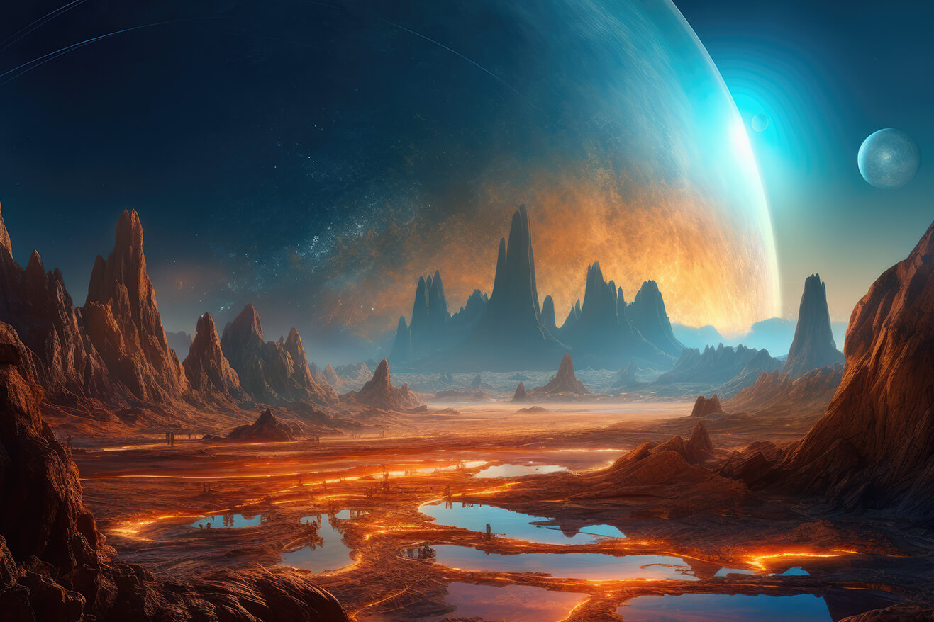 Planet landscape with huge rising planet at horizon