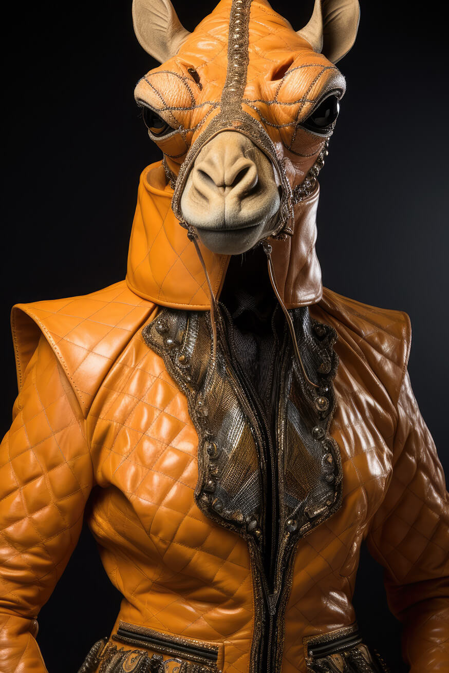 Humanoid creature like a camel in orange suit