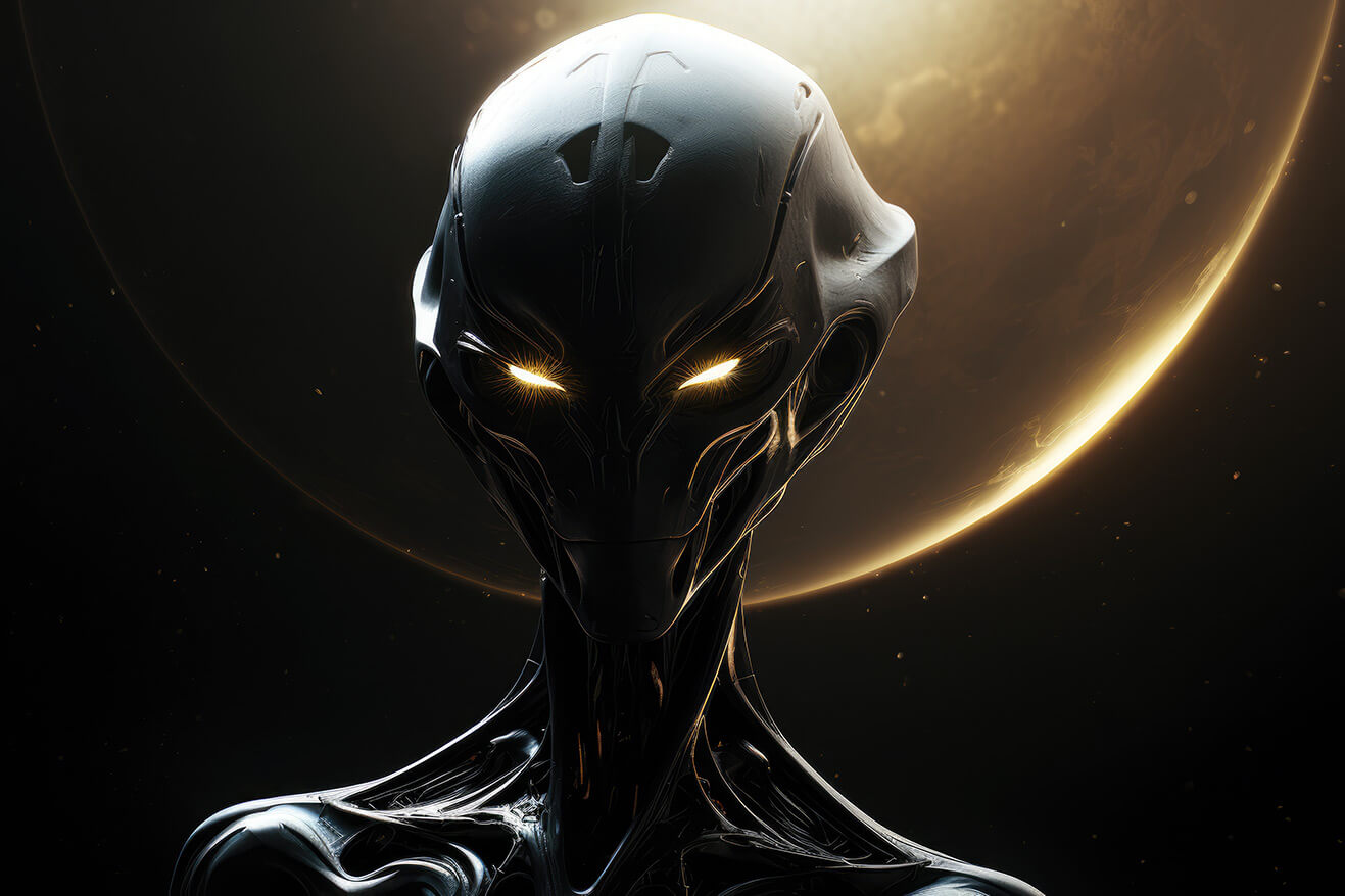 Black alien with glowing eyes opposite big moon