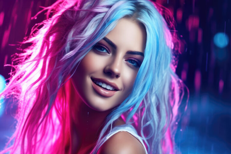 Beautiful girl with pink and blue glowing hair