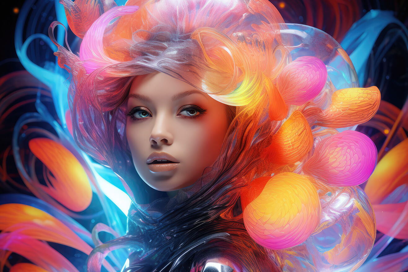 Girl with colorful glowing strange hair