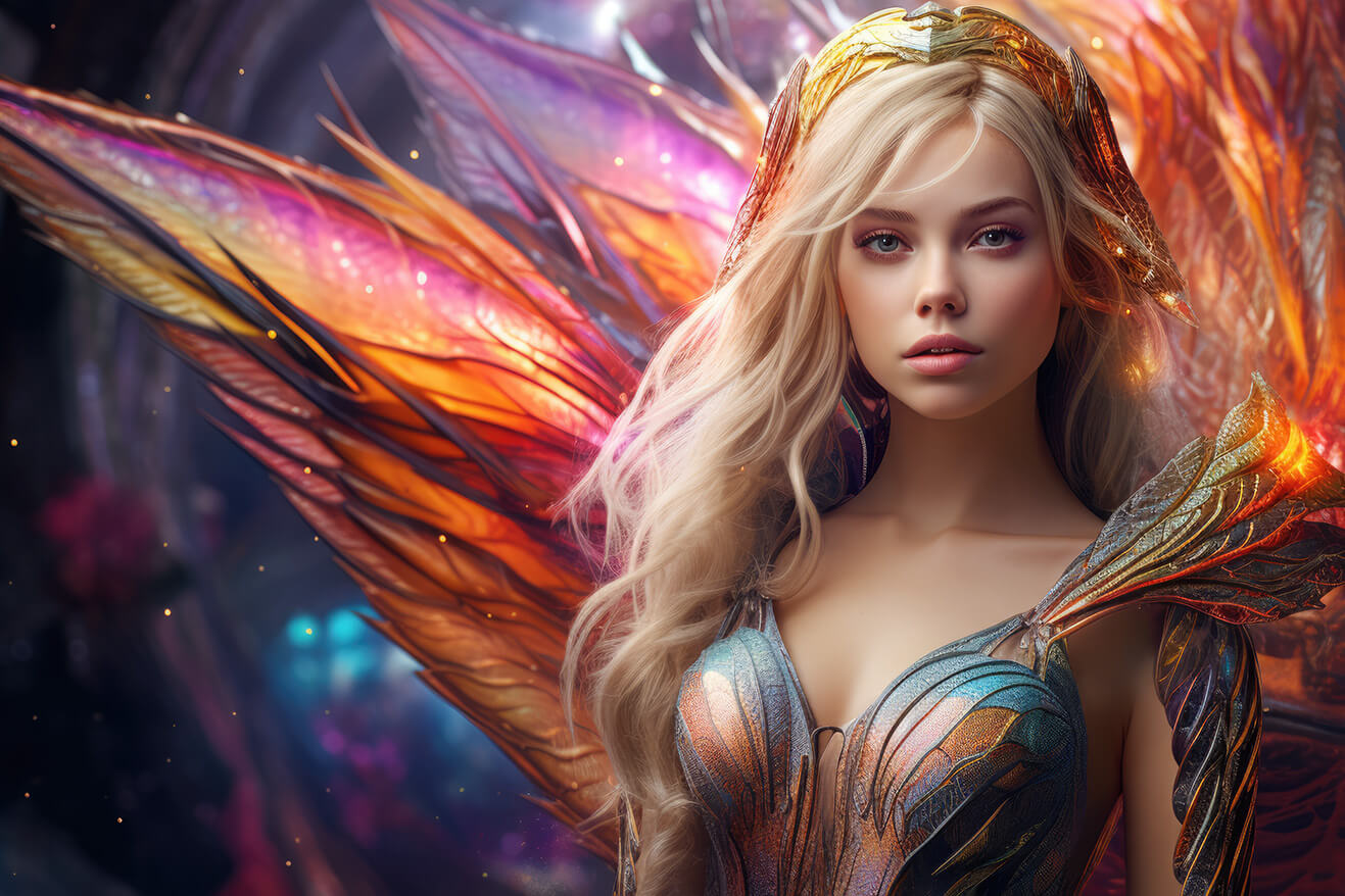 Blonde girl with glowing colorful wings