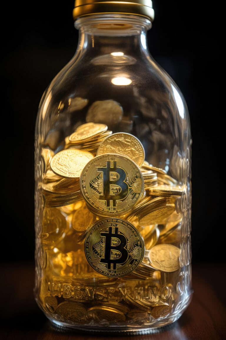 Golden bitcoins in glass bottle