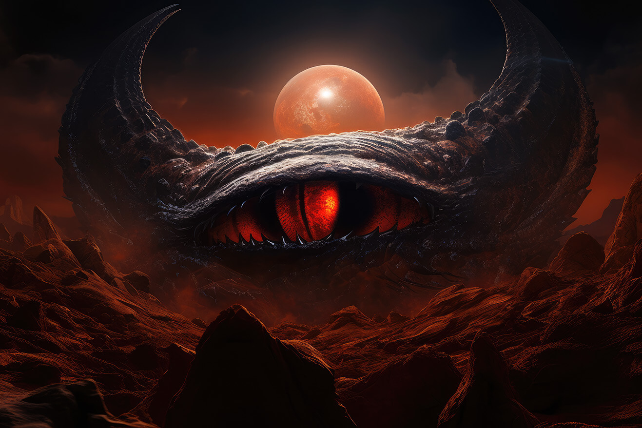 Black monster creature with big red eye and moon