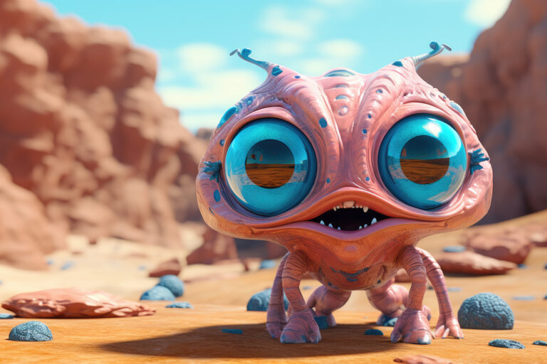 Cute pink alien with big blue eyes