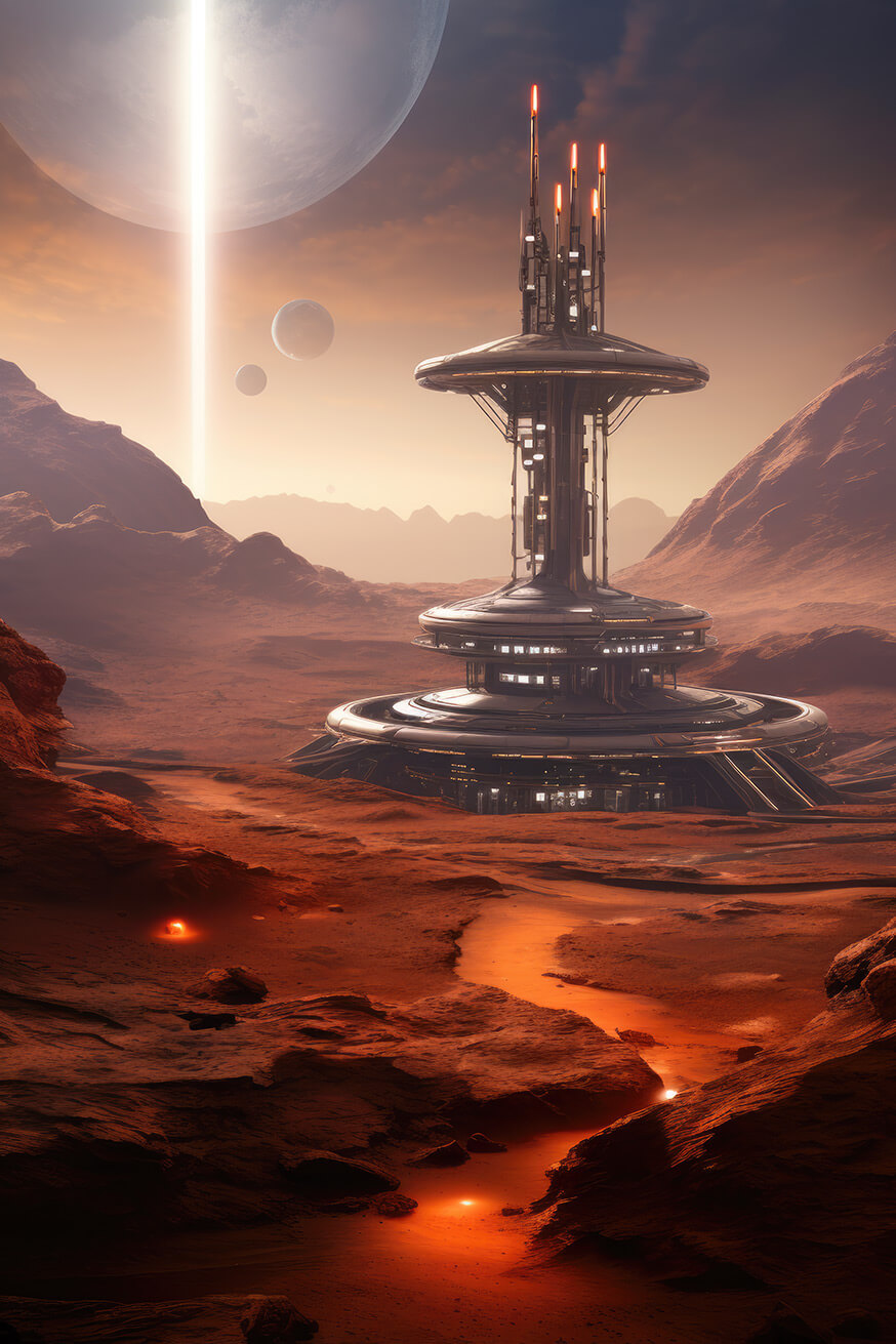 Futuristic tower building on red planet with big moon