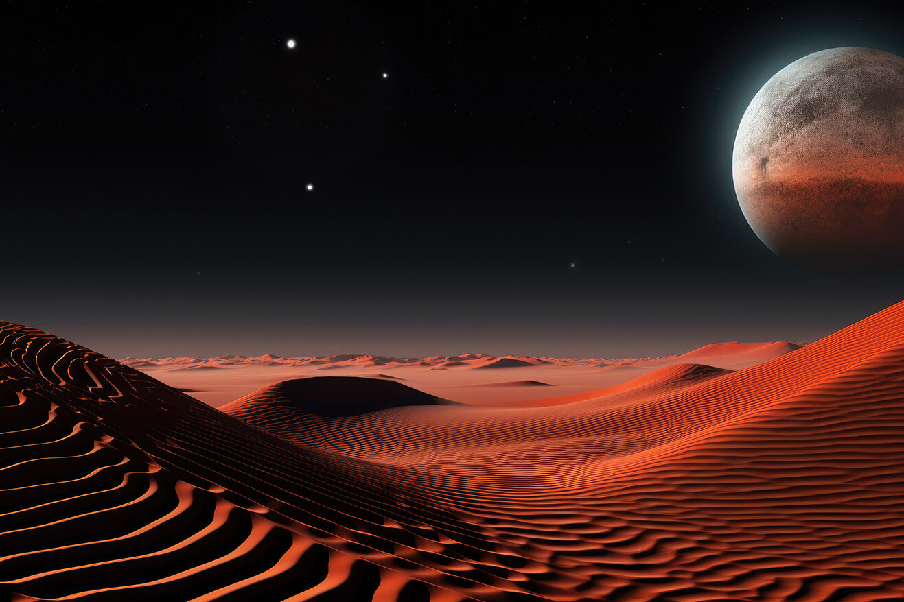 Desert with red sand and big rising planet