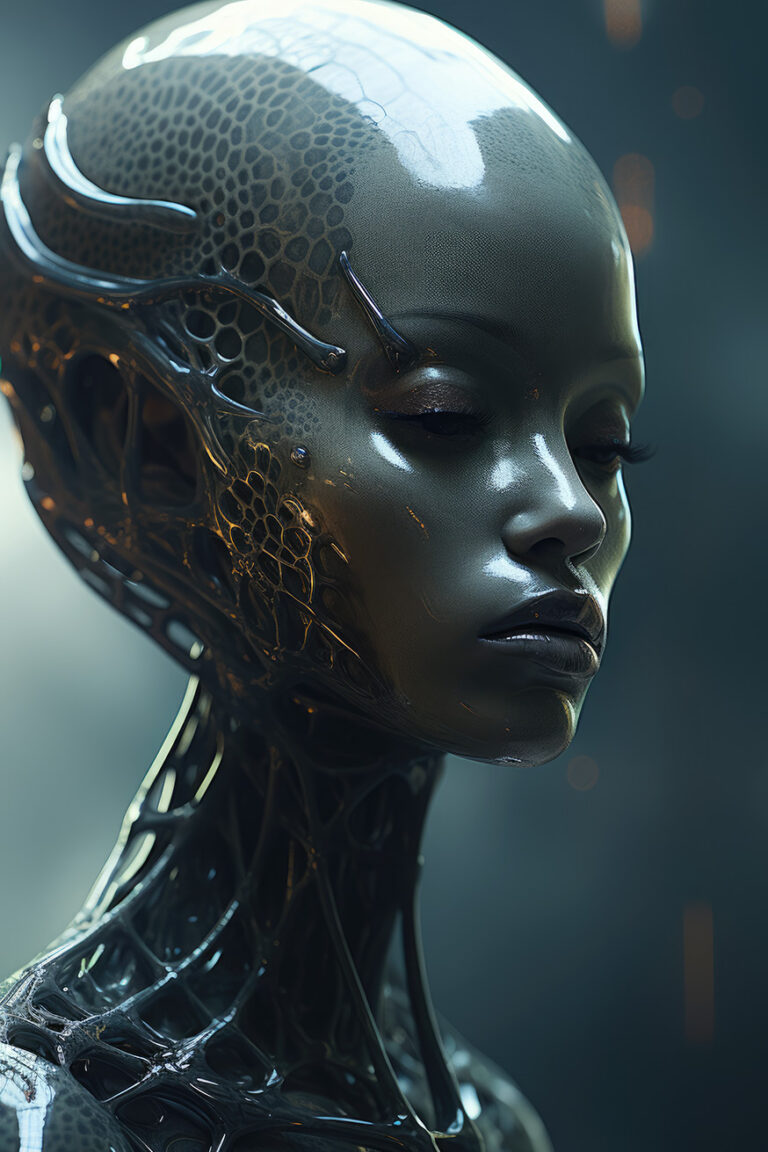 Weird alien woman with dark gray glossy skin