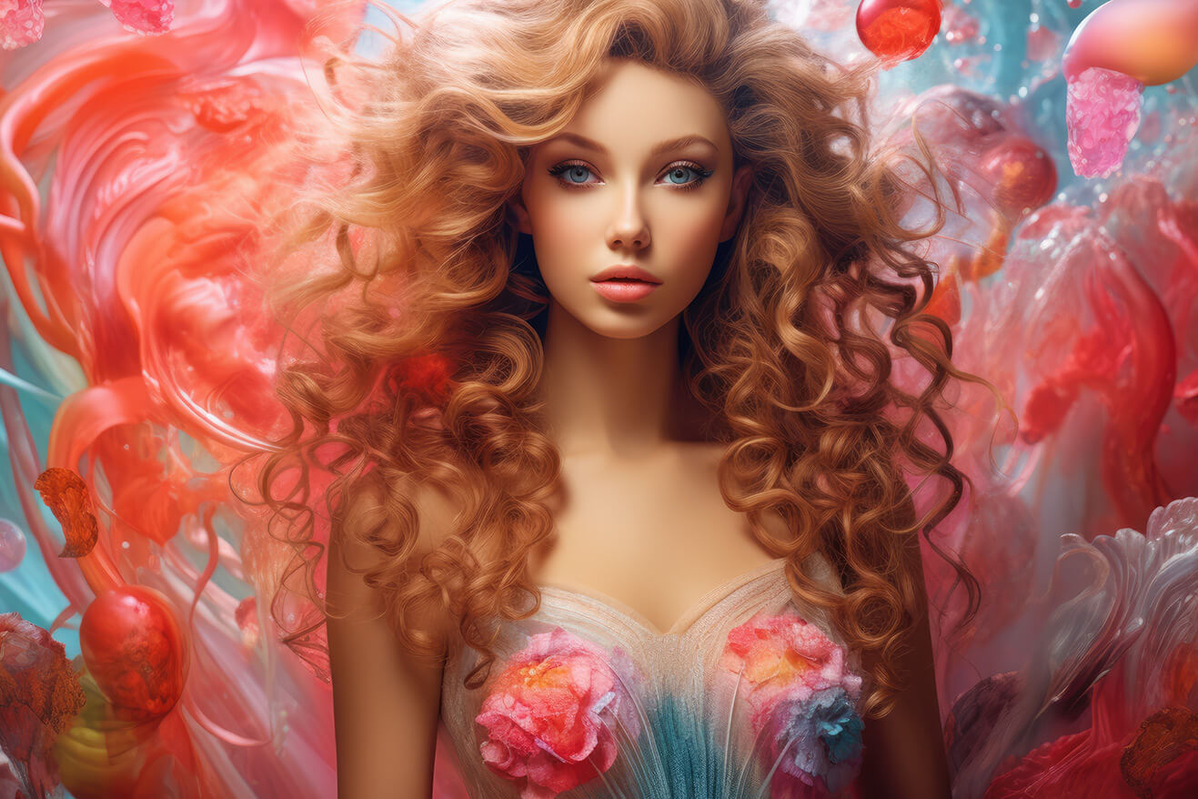 Beautiful long hair woman on flowers background