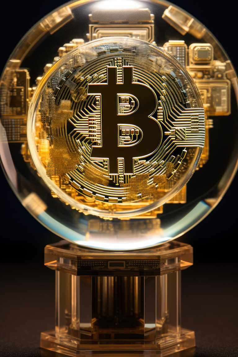 Golden bitcoin logo in transparent sphere