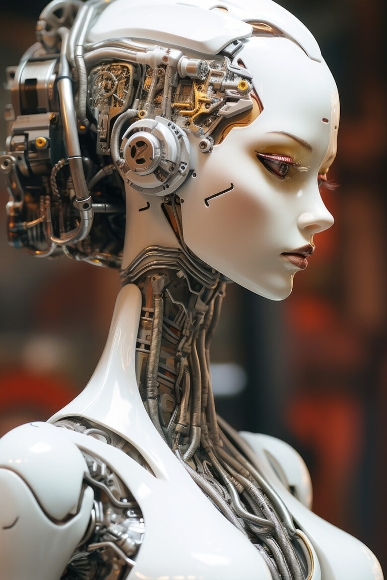 White robotic woman with mechanical parts