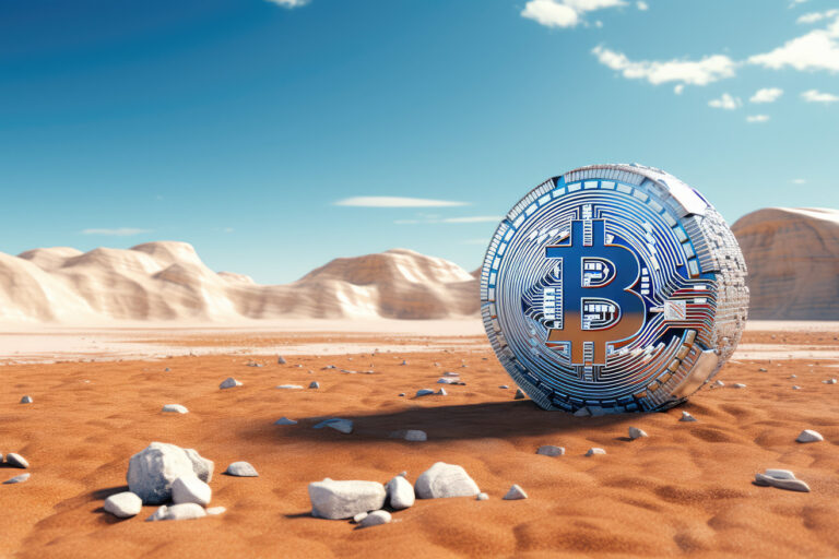 Silver metallic bitcoin object on some planet