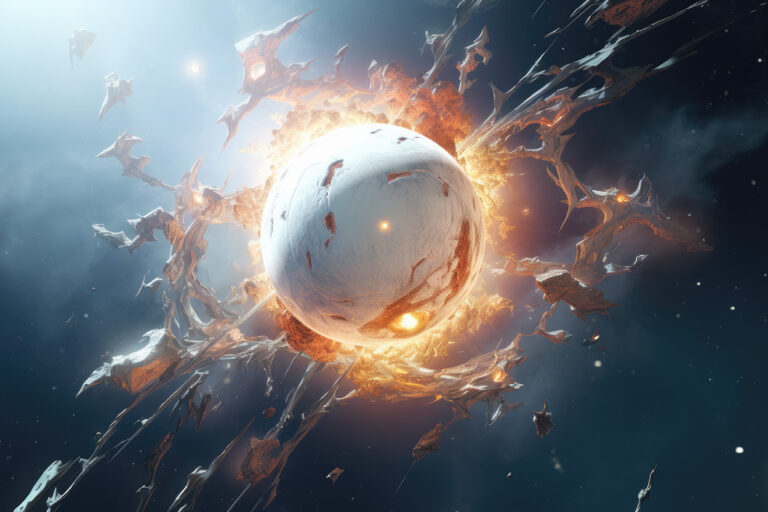 White sphere object in space with fire flames