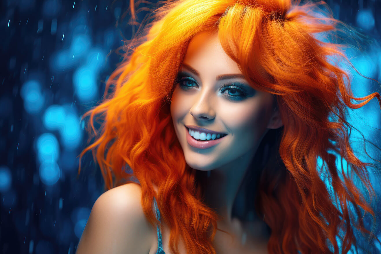 Woman with shiny orange hair on blue background