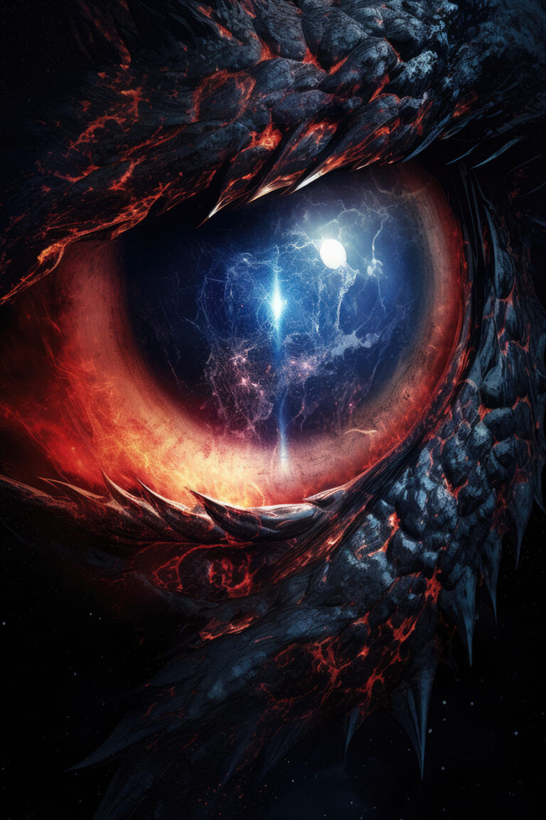 Huge black monster eye with fire and galaxy reflection