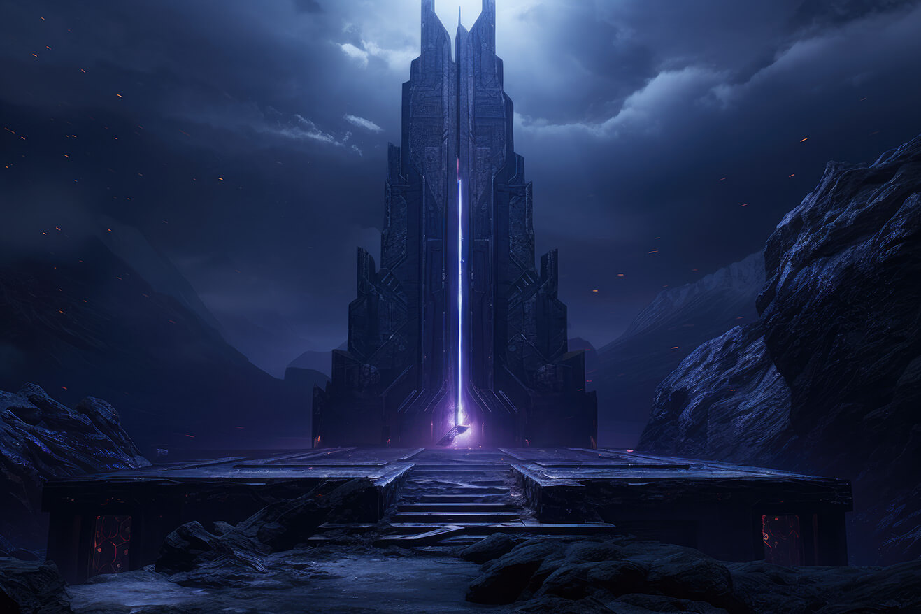 Night view of big ancient black tower with violet lights