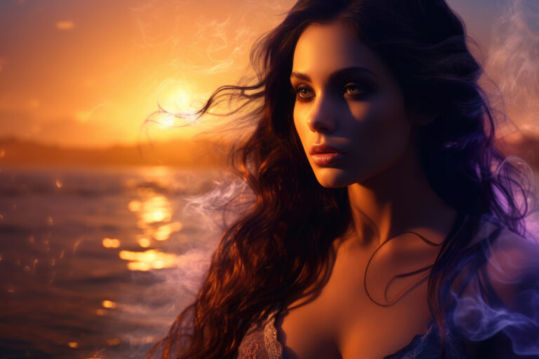 Portrait woman with black hair in sunset lights