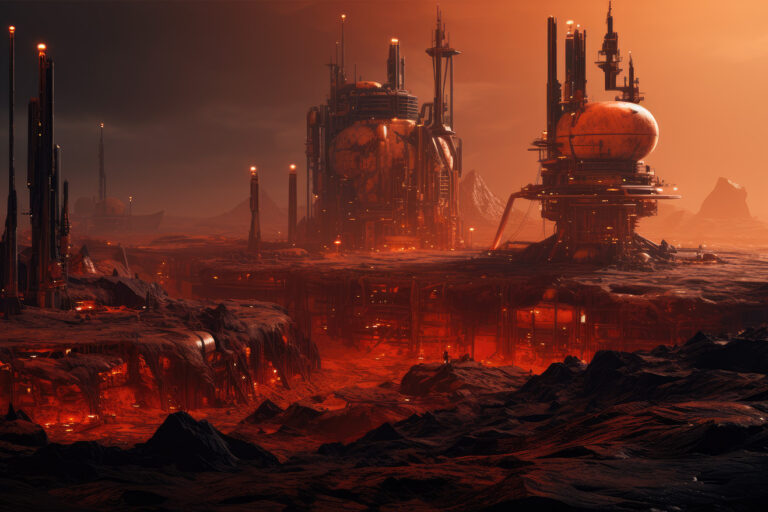 Night landscape with colony buildings in red lights on some planet