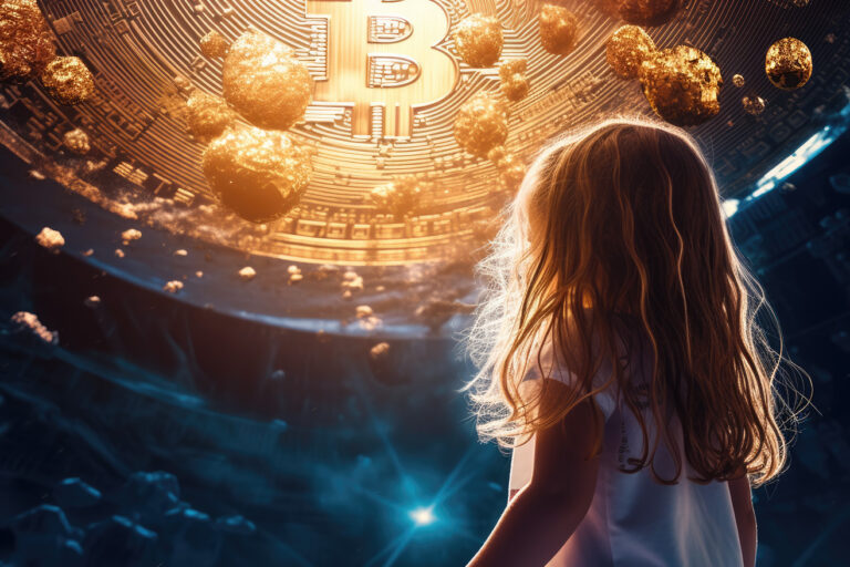 Girl looking on big golden bitcoin logo