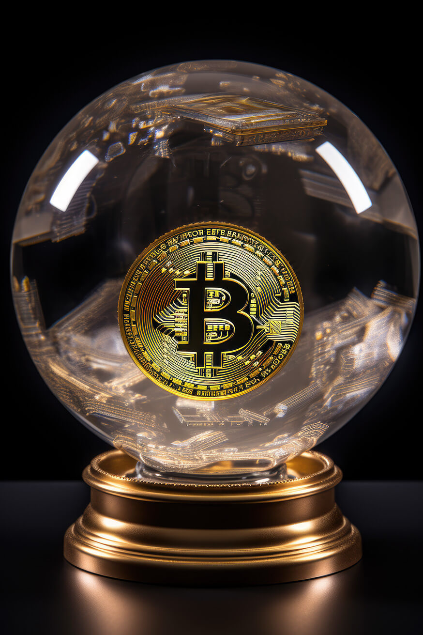 Golden bitcoin logo in the sphere