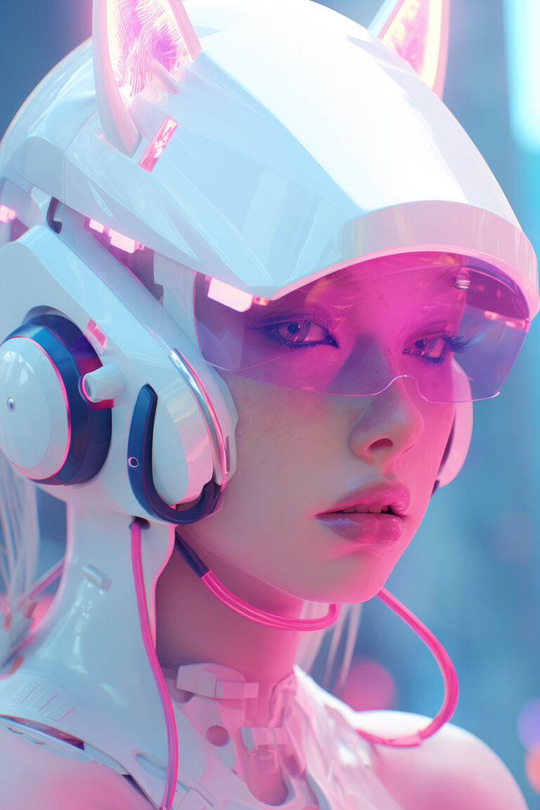 Girl in pink glasses and futuristic helmet in neon lights