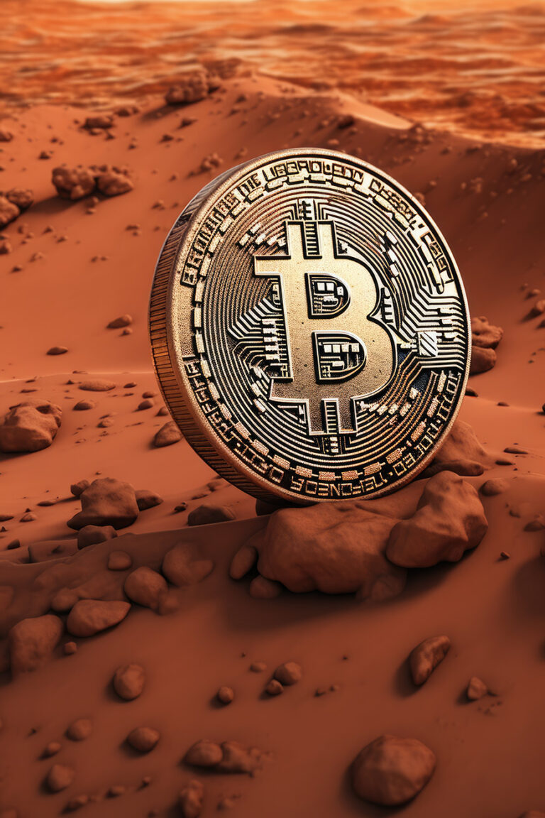 Bitcoin logo on the red sand