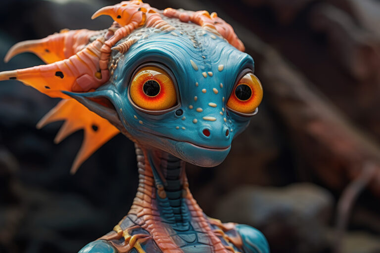 Humanoid lizard with blue skin and orange eyes