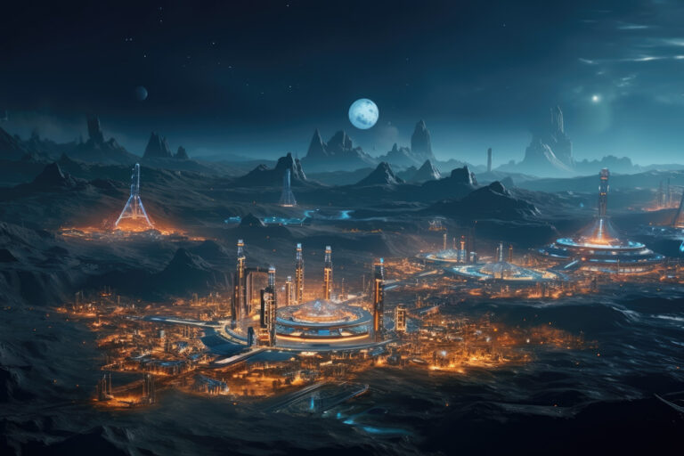 Colony buildings at night on unknown planet