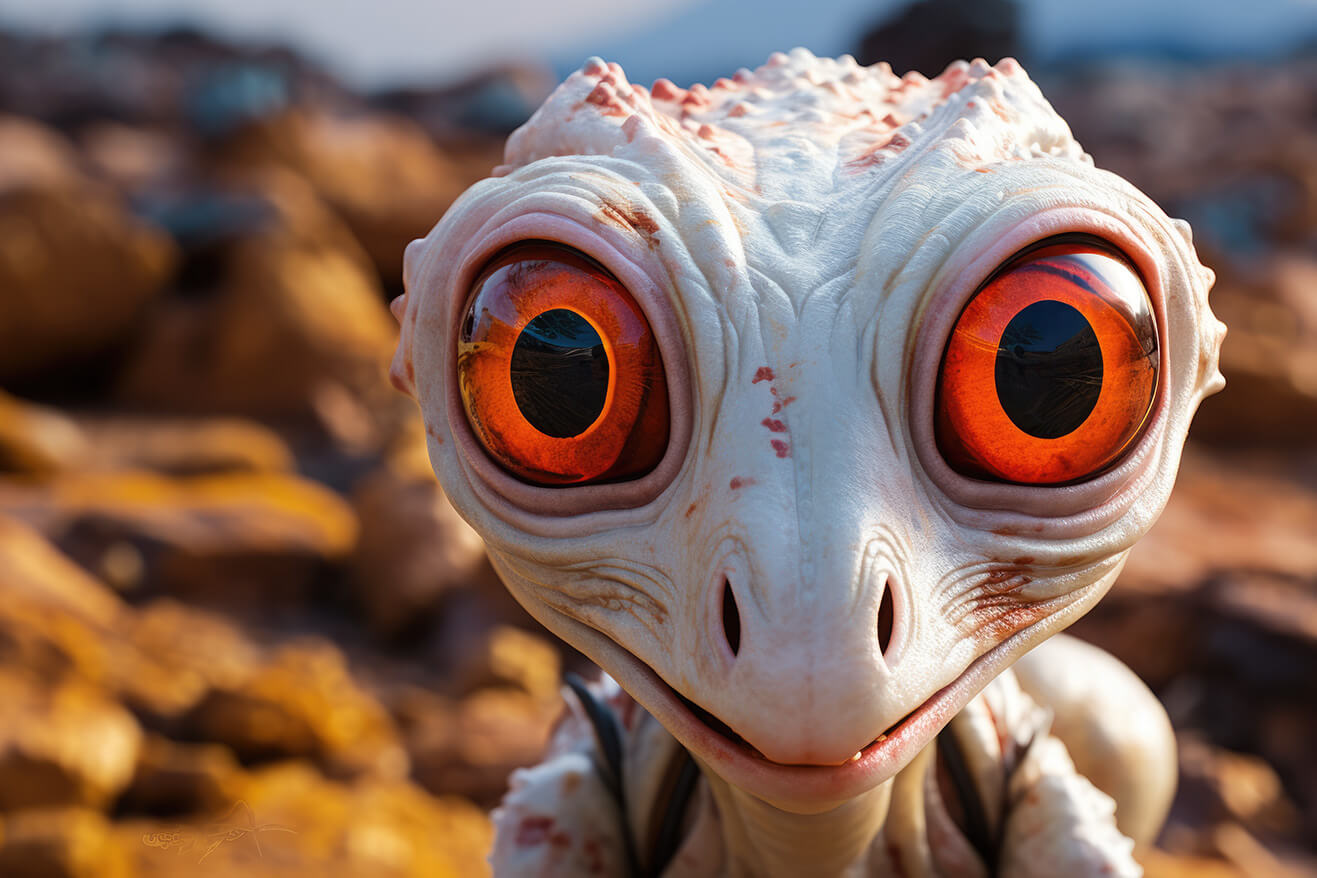 Funny alien white lizard creature with big orange eyes