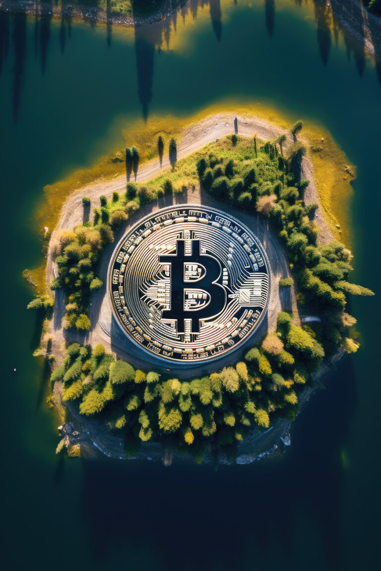 Aerial view of bitcoin logo on green island