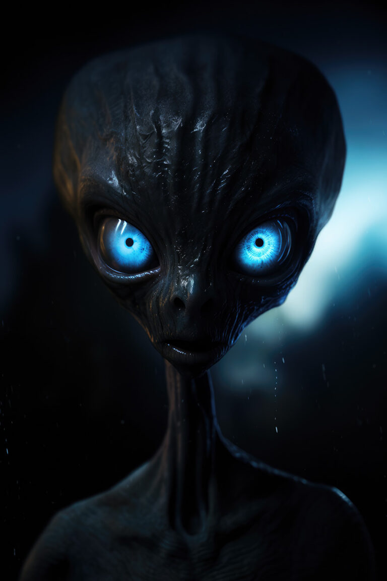 Scary black alien with blue eyes