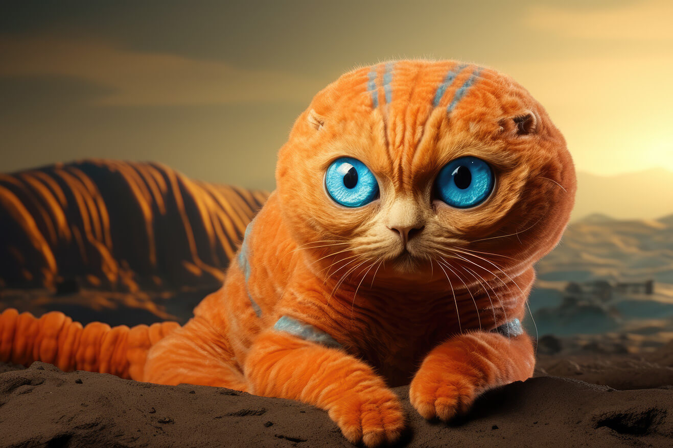 Strange orange cat with short fur and blue eyes