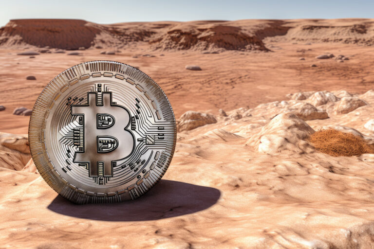 Shiny metallic bitcoin object on some planet