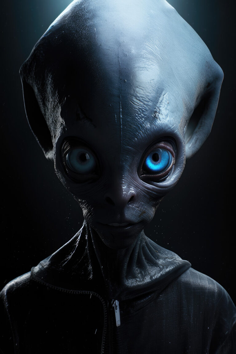 Dark gray alien with big head and blue eyes