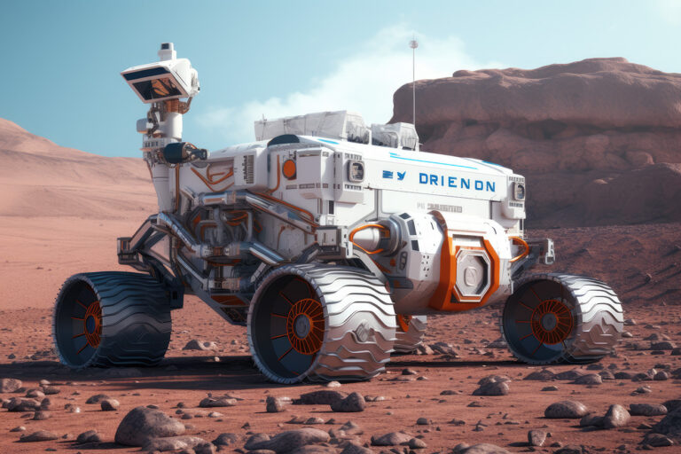 Futuristic white space rover on some planet