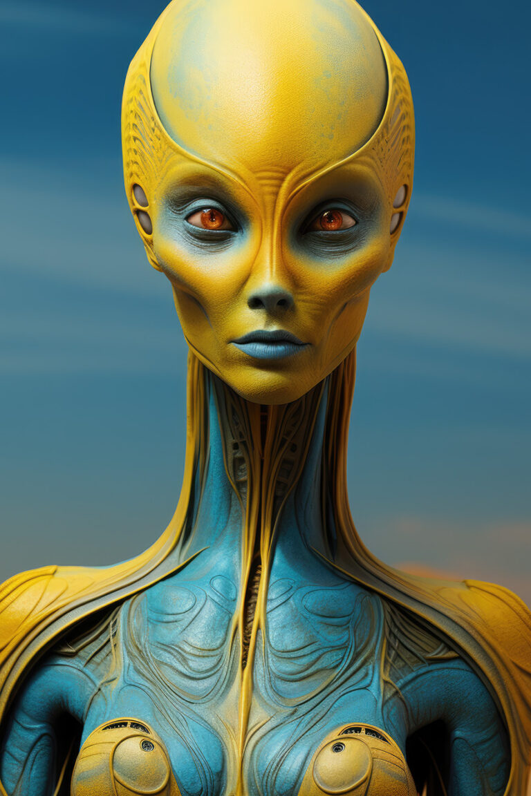 Alien woman with yellow head and blue body