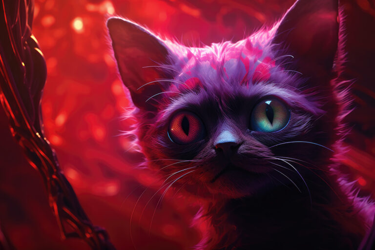 Cat with violet fur on red background