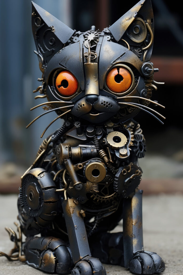 Robotic cat made of black and golden metal