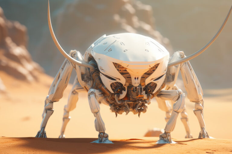 White robotic bug in the desert