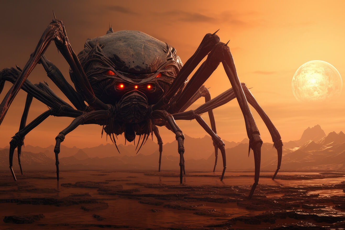 Monster black spider in sunset lights