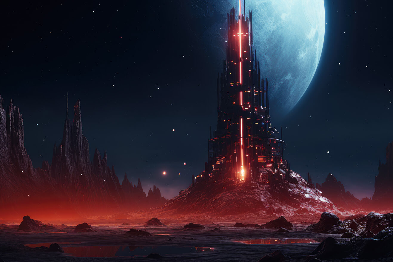 Black tower in red lights near huge blue moon