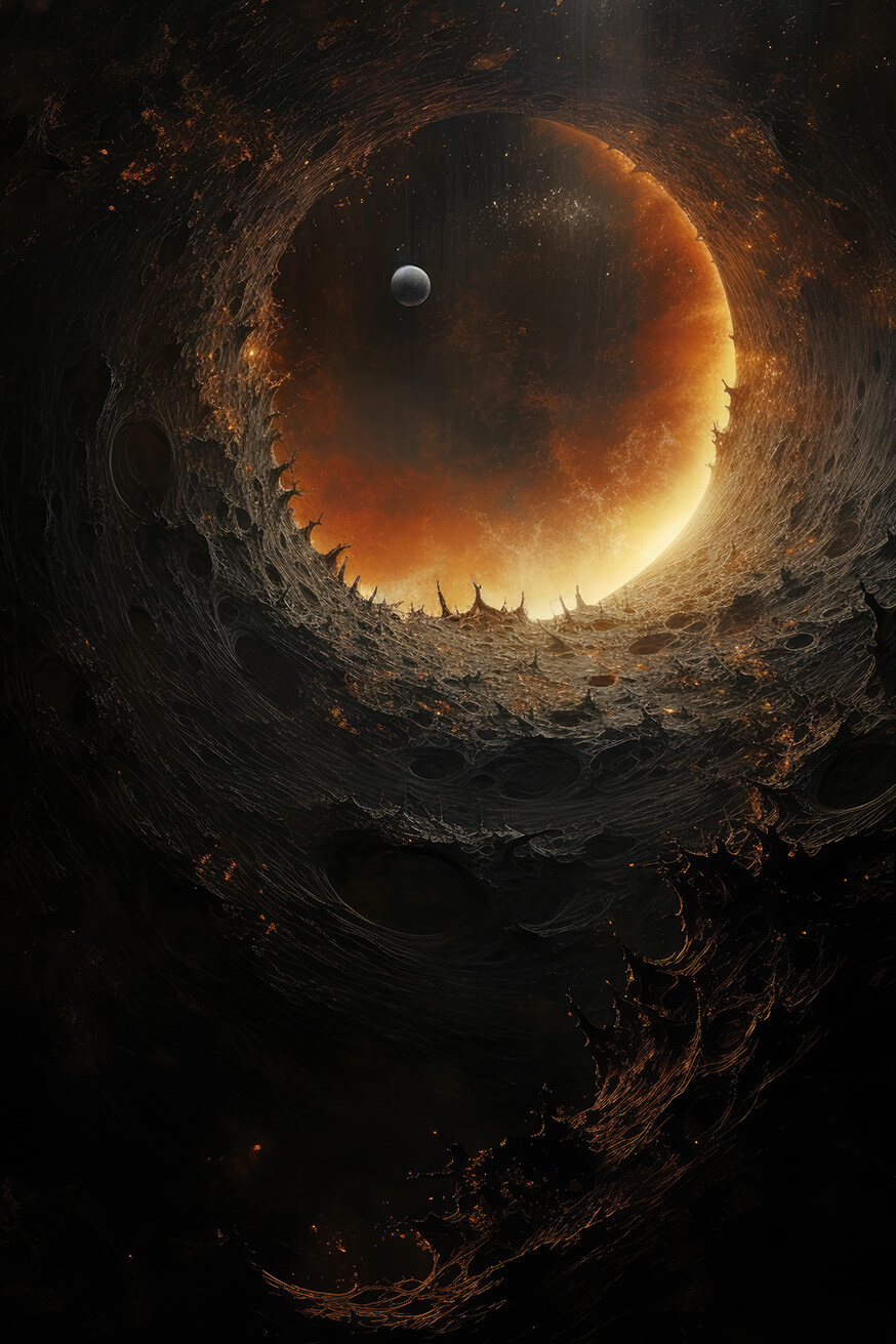 Tunnel made of black planet terrain with fire