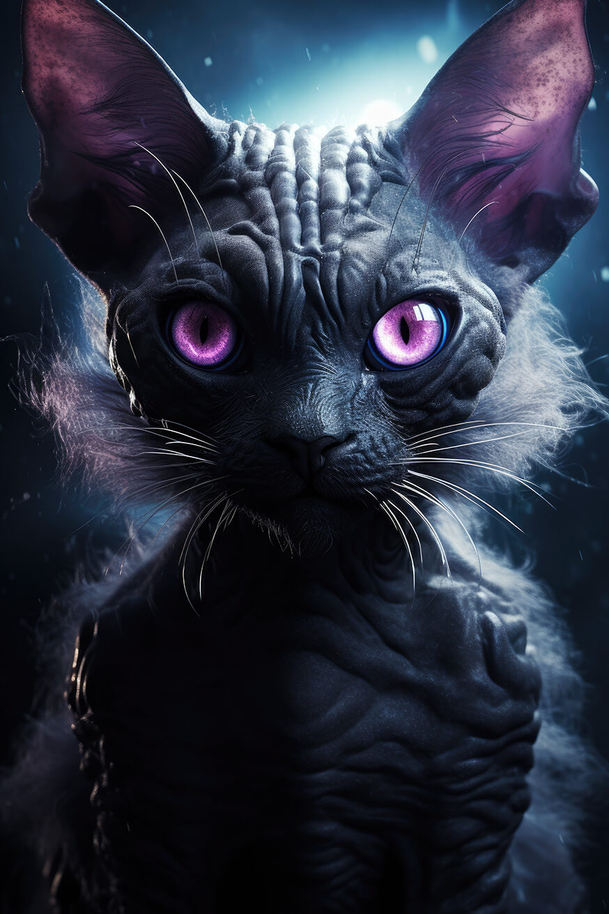 Black alien cat with purple eyes and weird fur