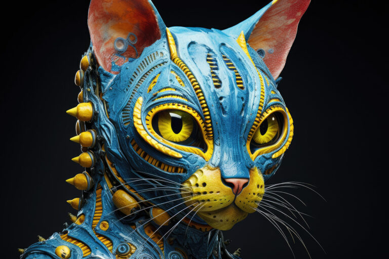 Alien humanoid cat with blue and white skin