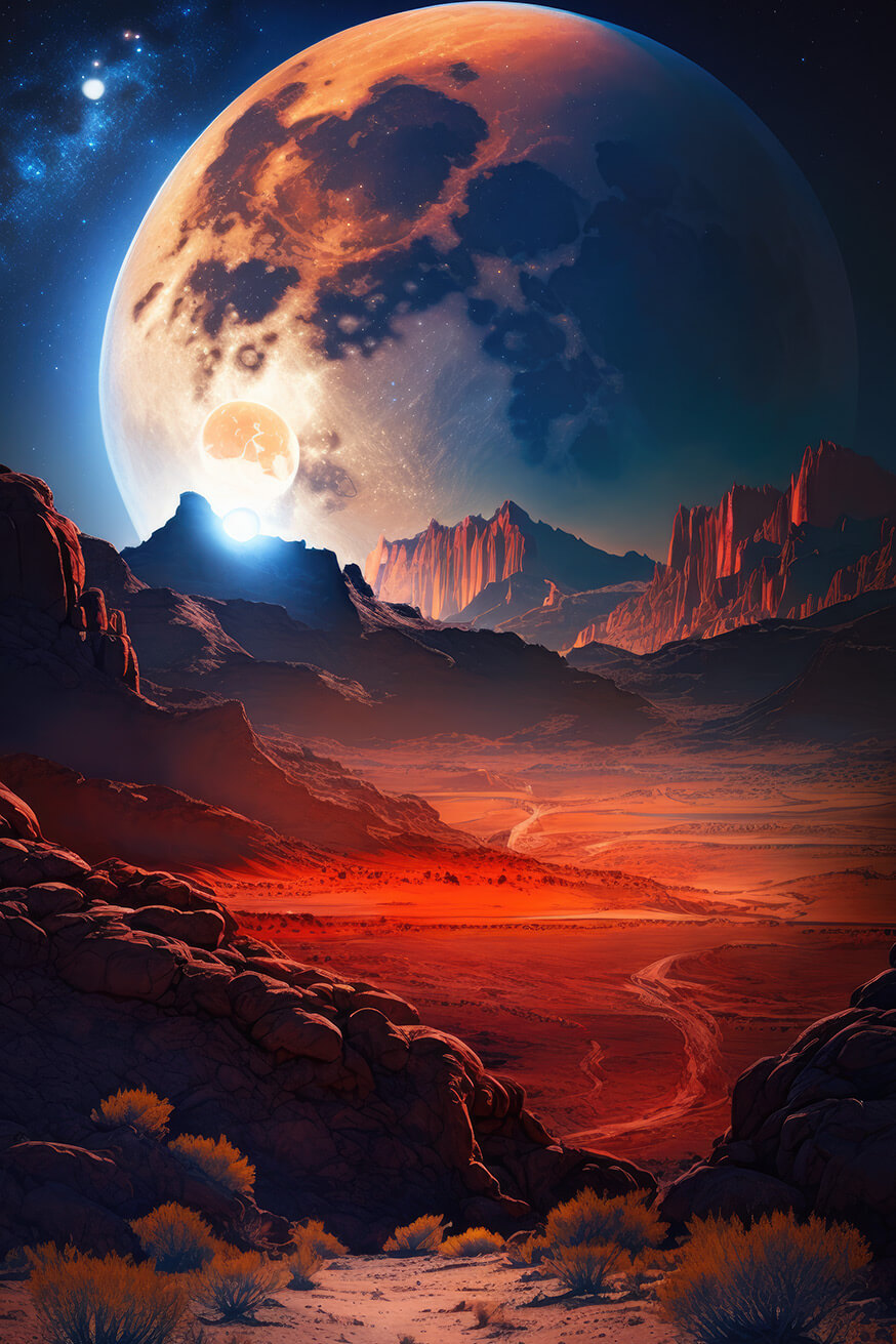 Planet landscape with red valley and huge moon